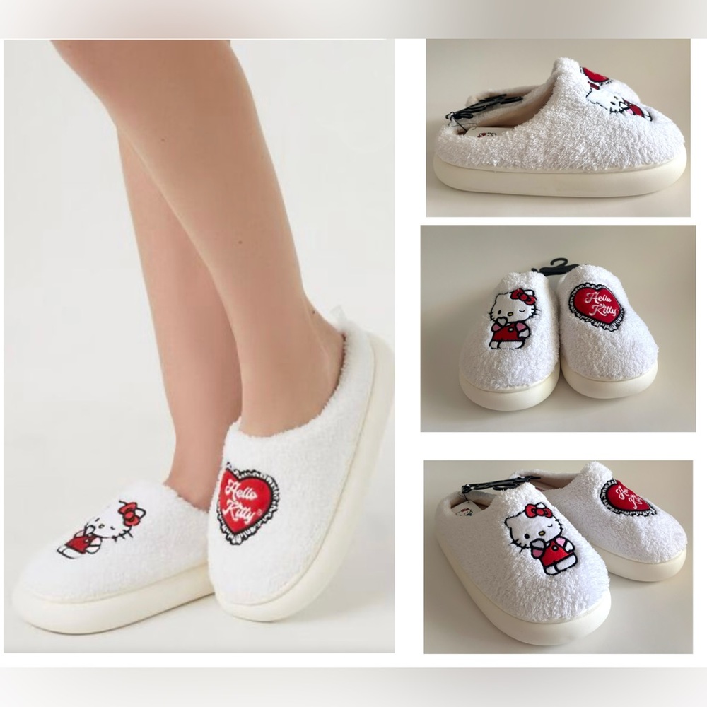 NWT Hello Kitty women’s Platform White Slippers with Red Heart, L 9/10